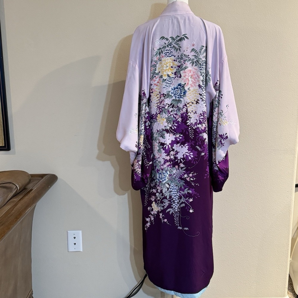 Vintage Reversible Japanese Rayon Kimono Robe Purple Floral Made Japan 1930s - Picture 10 of 16